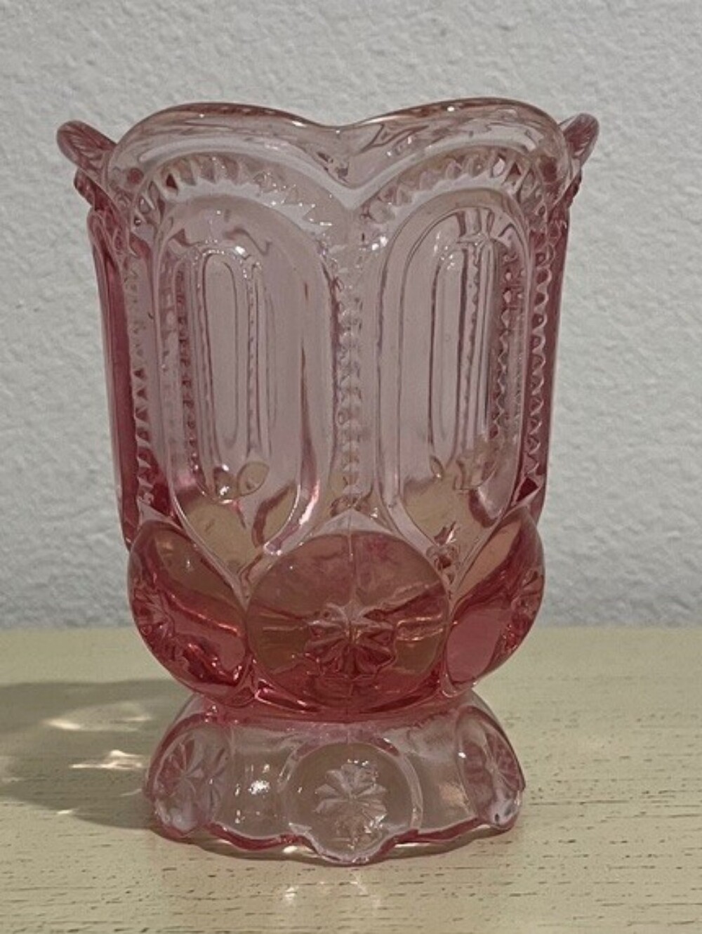 Rare, Vintage Pink Moon & Star Spooner Vase L G Wright Signed Circle W Mark